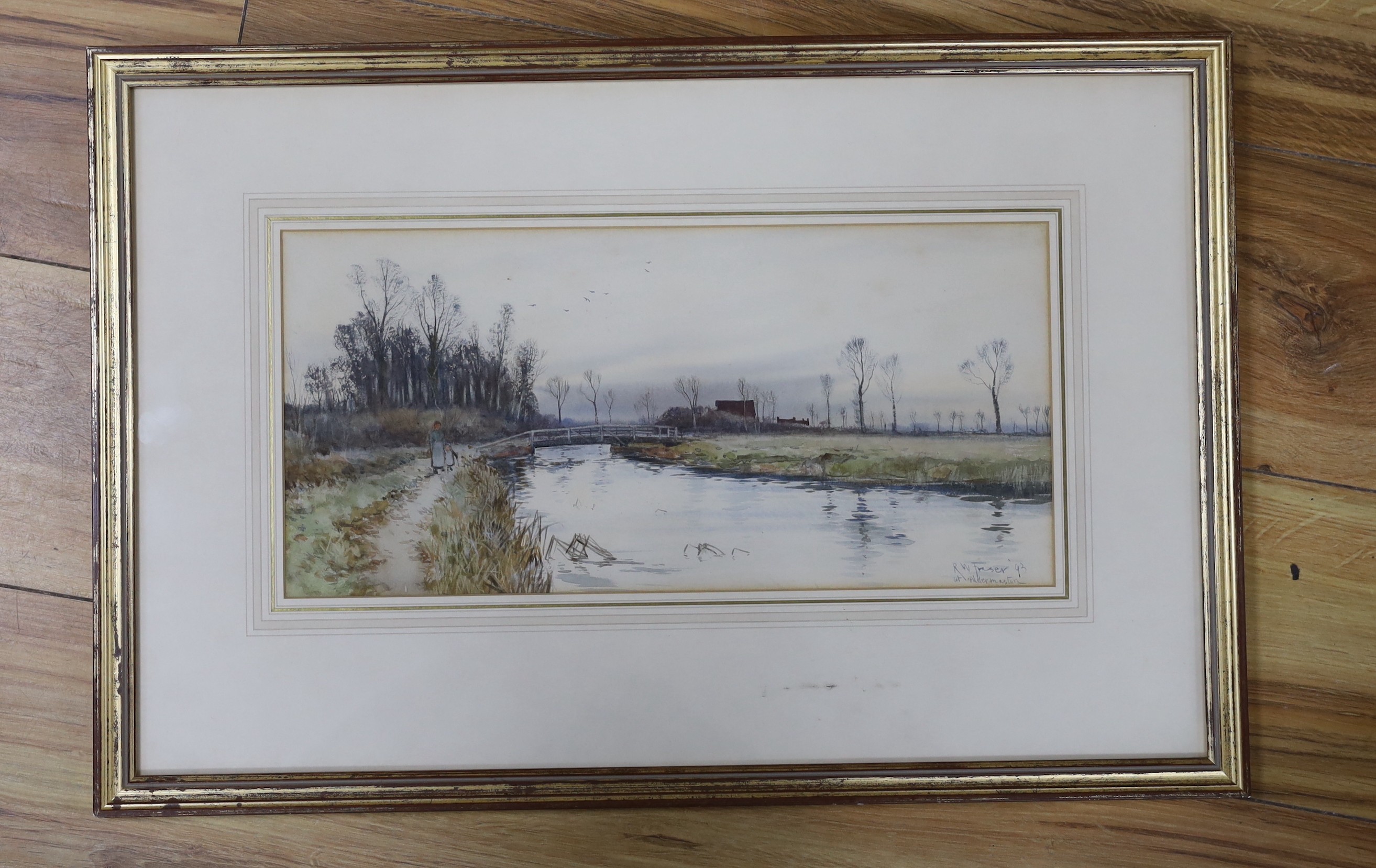 Robert Winchester Fraser (1848-1906), watercolour, 'At Aldermaston', signed and dated '93, 18 x 37cm